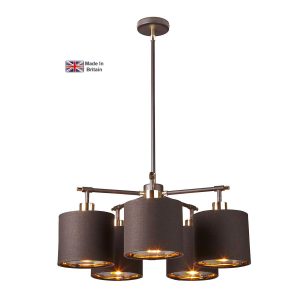 Elstead Balance modern 5 light chandelier in brown and polished brass on white background