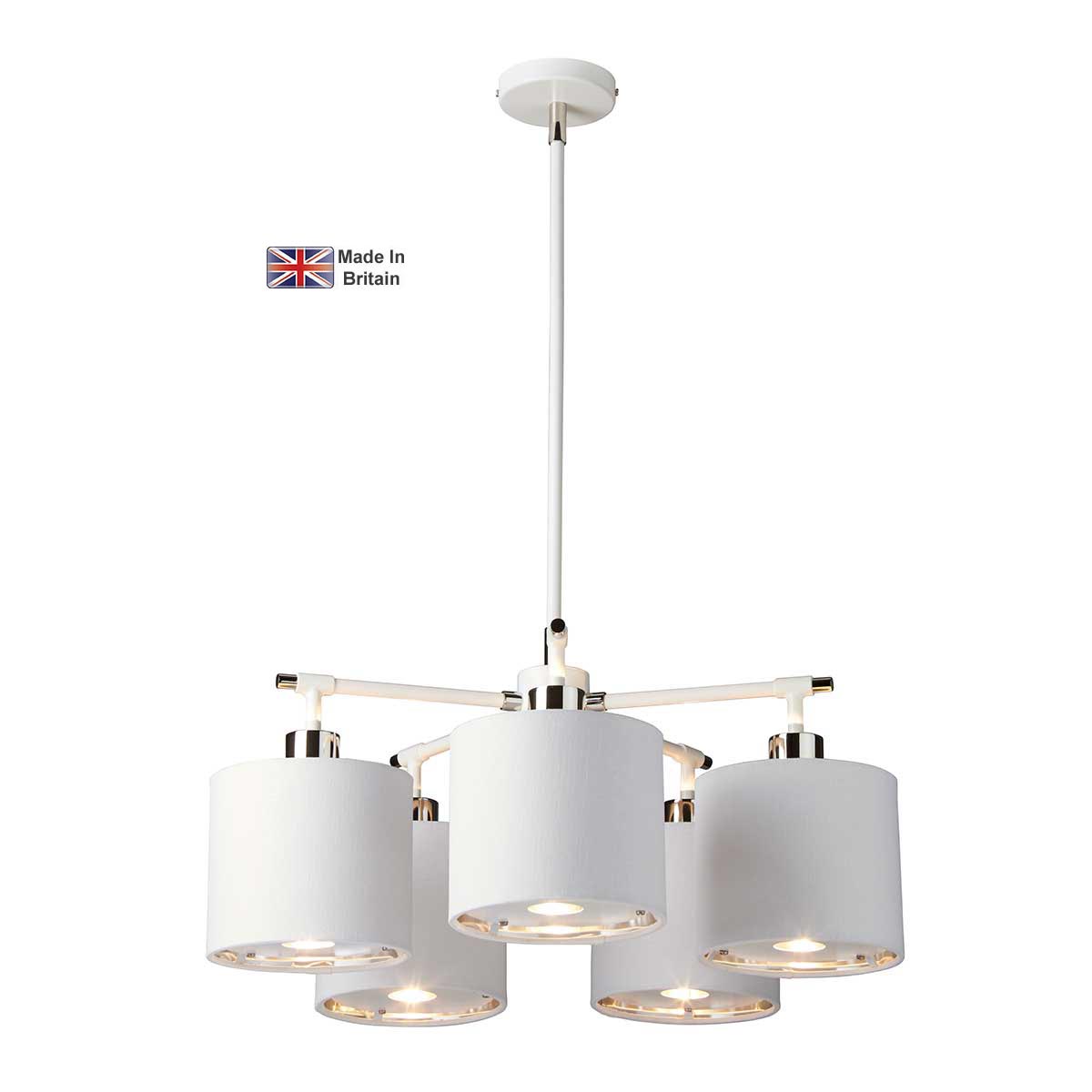 Elstead Balance modern 5 light chandelier in white and polished nickel on white background