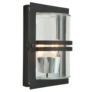 Basel Art Deco outdoor wall light in black galvanised steel with clear glass shade, main image on white background.