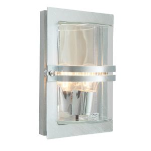 Basel Art Deco outdoor wall light in galvanised steel with clear glass shade, main image on white background.