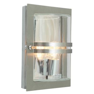 Basel Art Deco outdoor wall light in stainless steel with clear glass shade, main image on white background.