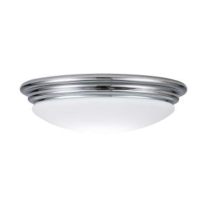 Brompton 1 light flush bathroom ceiling light in polished chrome on white background, lit.