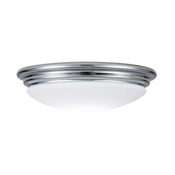 Brompton 1 light flush bathroom ceiling light in polished chrome on white background, lit.