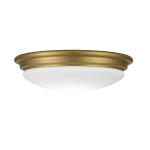 Brompton 1 light flush bathroom ceiling light in brushed brass on white background, lit.