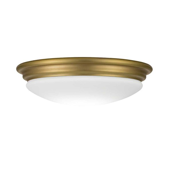 Brompton 1 light flush bathroom ceiling light in brushed brass on white background, lit.