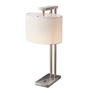 Elstead Belmont contemporary table lamp in brushed nickel on white background.