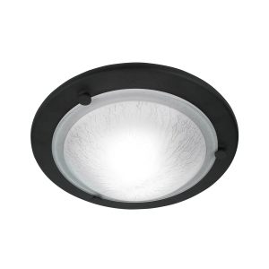 Berwick traditional flush light in black with decorative glass shade, main image with black screws.