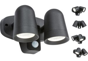 Black outdoor wall twin LED spot light PIR sensor manual override IP65