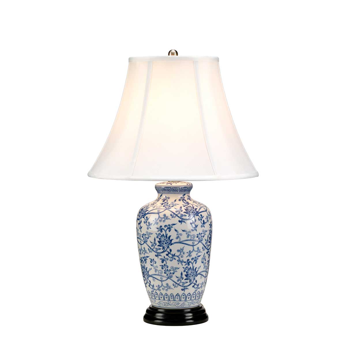 Classic Chinese porcelain blue and white ginger jar table lamp on white background, lit.