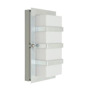 Norlys Boden Art Deco style galvanised outdoor wall lantern with opal shade on white background.