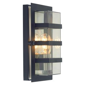 Norlys Boden Art Deco style outdoor wall lantern in black with clear shade on white background.