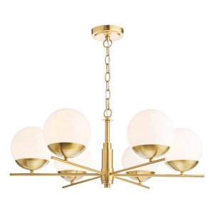 Bombazine 6 light chandelier in natural solid brass on white background lit
