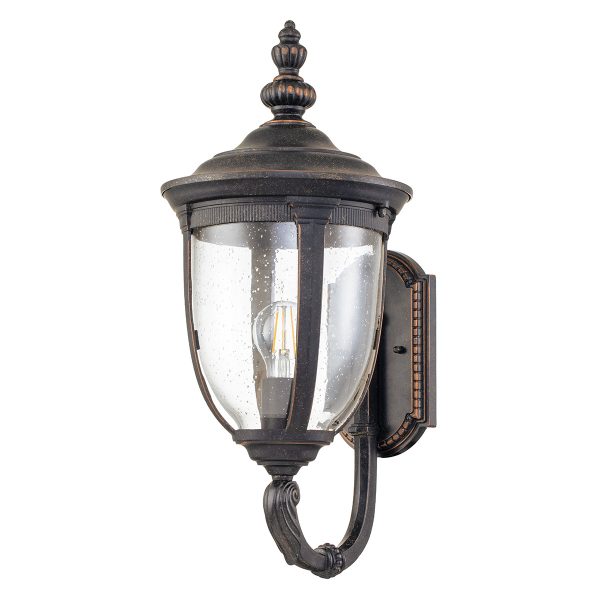 Elstead Cleveland 1 light medium upward wall lantern in weathered bronze on white background.