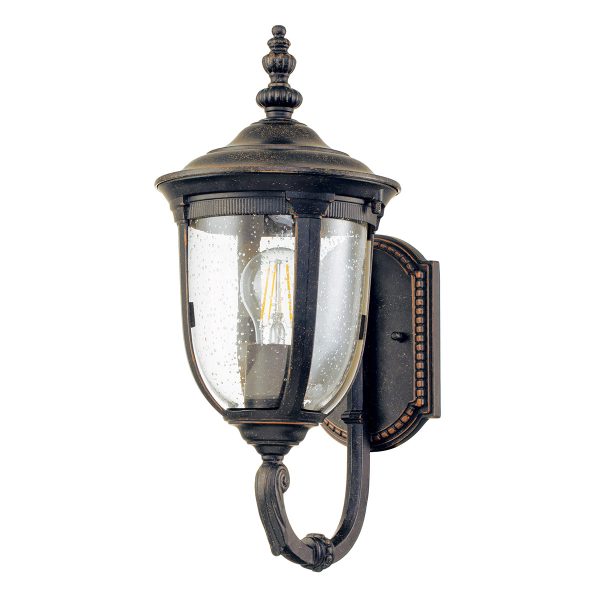 Elstead Cleveland 1 light small upward wall lantern in weathered bronze on white background.