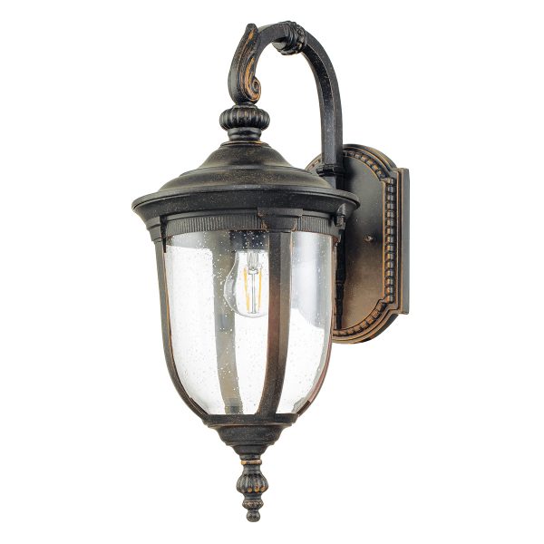 Elstead Cleveland 1 light medium downward wall lantern in weathered bronze on white background.