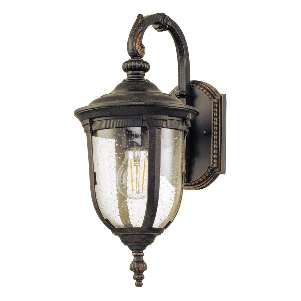 Elstead Cleveland 1 light small downward wall lantern in weathered bronze on white background.