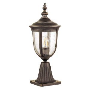 Elstead Cleveland 1 light small pedestal lantern in weathered bronze on white background.