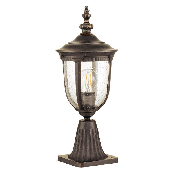 Elstead Cleveland 1 light small pedestal lantern in weathered bronze on white background.