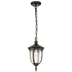 Elstead Cleveland 1 light small hanging porch lantern in weathered bronze, full height on white background.