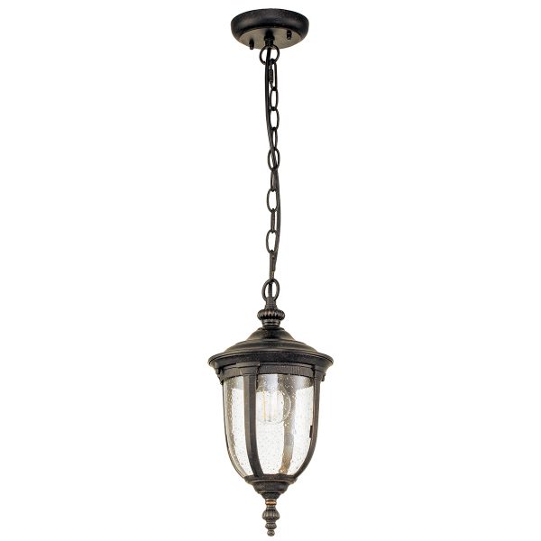 Elstead Cleveland 1 light small hanging porch lantern in weathered bronze, full height on white background.