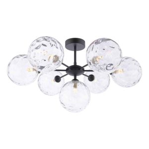 Cohen 7 arm semi flush low ceiling light in matt black with clear dimpled glass on white background