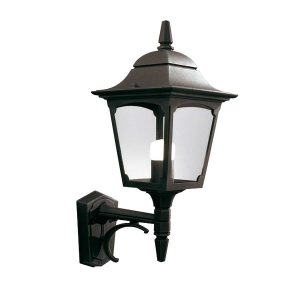 Elstead Chapel 1 light upward outdoor wall lantern in black on white background.