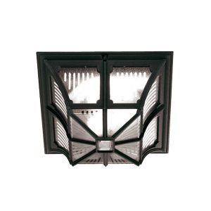 Elstead Chapel 1 light flush mount outdoor porch light in black, shown ceiling mounted.