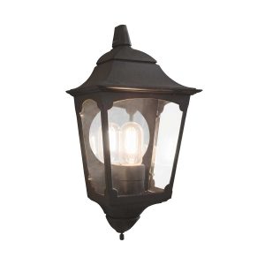 Elstead Chapel 1 light tapered outdoor half lantern in black on white background.