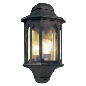 Elstead Chapel 1 light flush outdoor wall half lantern in black on white background.