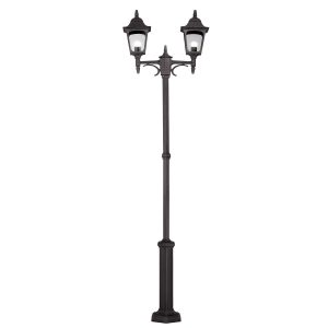 Elstead Chapel twin lantern outdoor lamp post in black on white background.