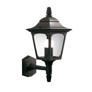 Elstead Chapel mini 1 light upward outdoor wall lantern in black on white background.