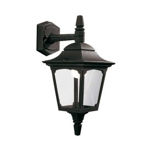 Elstead Chapel mini 1 light downward outdoor wall lantern in black on white background.