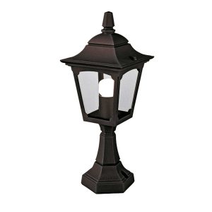 Elstead Chapel mini 1 light outdoor pedestal lantern in black on white background.