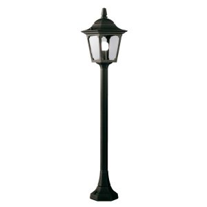 Elstead Chapel mini 1 light outdoor pillar lantern in black on white background.