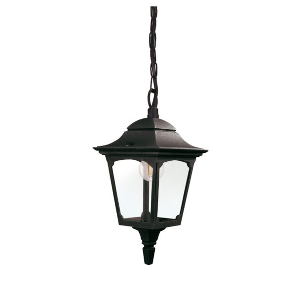 Elstead Chapel 1 light traditional porch chain lantern in black, on white background.