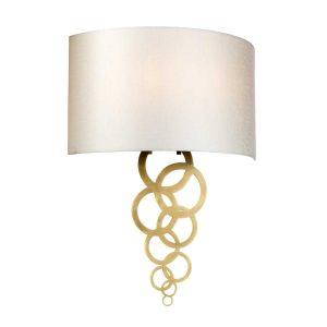 Elstead Curtis 1 light large aged brass wall light on white background, lit