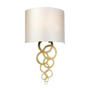 Elstead Curtis 1 light medium aged brass wall light on white background, lit