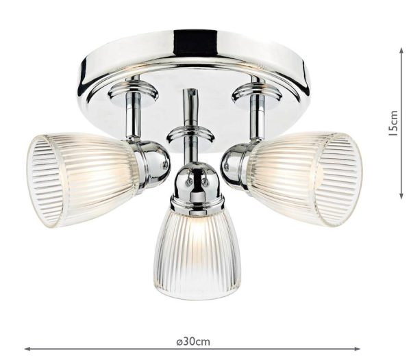 Dar Cedric Retro 3 Lamp Bathroom Ceiling Light Chrome Ribbed Glass