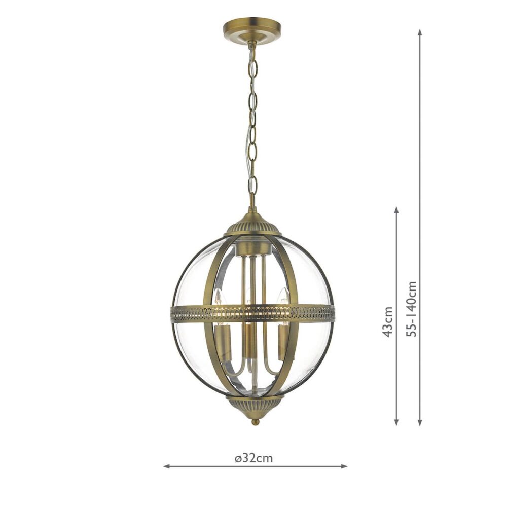 Dar Vanessa 3 Light Globe Lantern Ceiling Pendant Antique Brass Glass