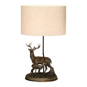 Elstead Amelia bronze finish stag and fawn table lamp on white background, lit