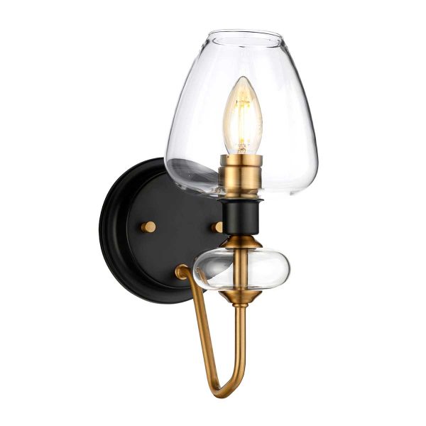 Armand single lamp wall light in aged brass and charcoal black on white background lit