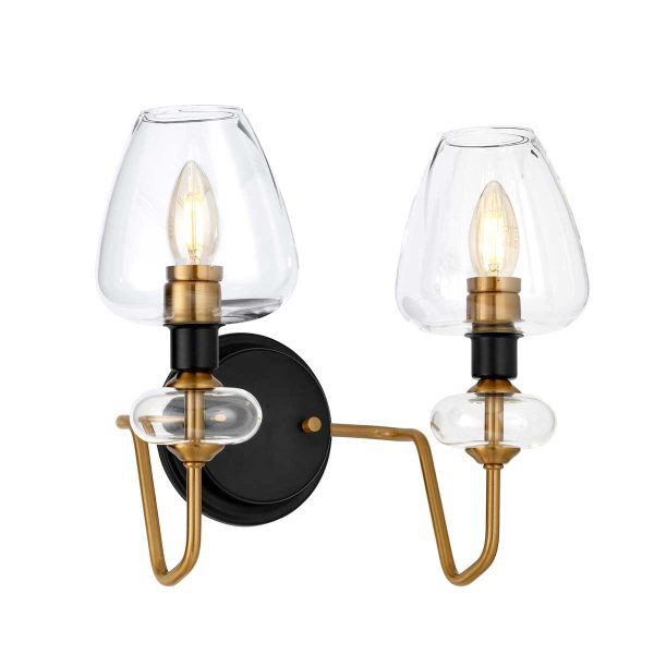 Armand twin wall light in aged brass and charcoal black on white background lit