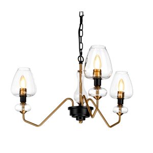 Armand 3 arm pendant ceiling light in aged brass and charcoal black on white background lit