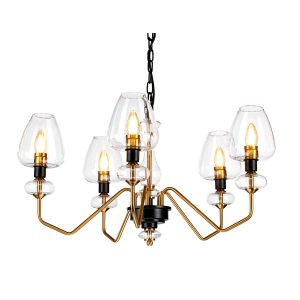 Armand 5 light chandelier in aged brass and charcoal black on white background lit