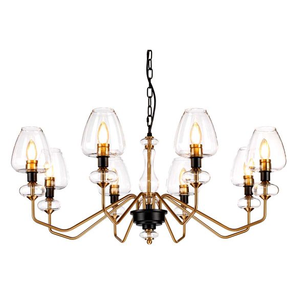 Armand 8 light large chandelier in aged brass and charcoal black on white background lit