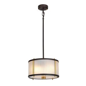 Corona 2 light frosted glass ceiling light in museum bronze, shown as a pendant on white background.