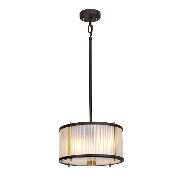 Corona 2 light frosted glass ceiling light in museum bronze, shown as a pendant on white background.