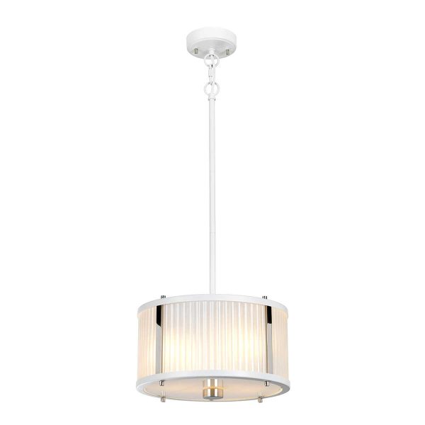 Corona 2 light frosted glass ceiling light in white satin, shown as pendant on white background.