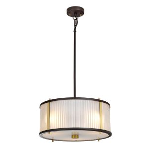 Corona 3 light frosted glass ceiling light in museum bronze, shown as a pendant on white background.