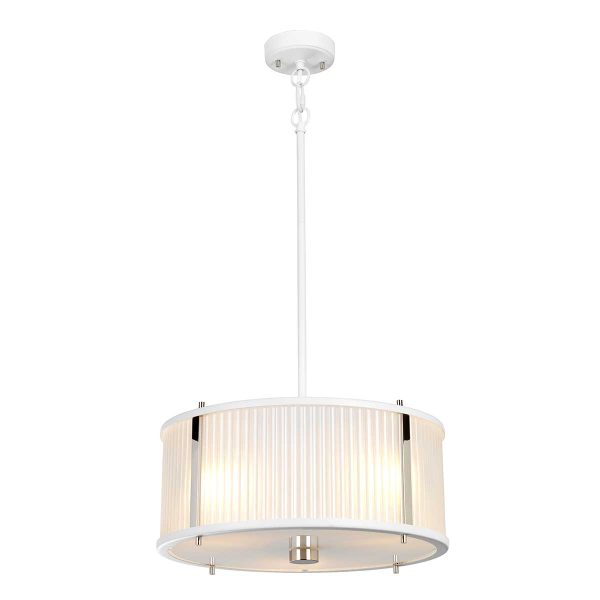 Corona 3 light frosted glass ceiling light in white satin, shown as pendant on white background.